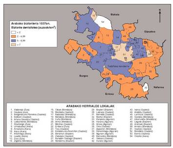 Arabako biztanleria 1537an. Biztanle dentsitatea (auzoak/km 2 ).<br><br>